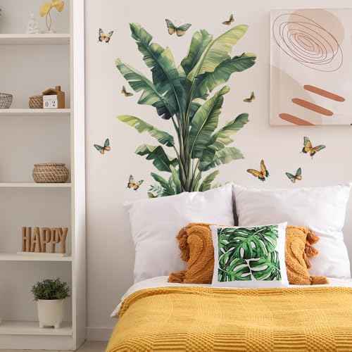 Tropical Leaf Wall Decals Palm Leaves with Butterflies Peel and Stick Wall Stickers for Living Room Bedroom Dining Room Home Wall Decor