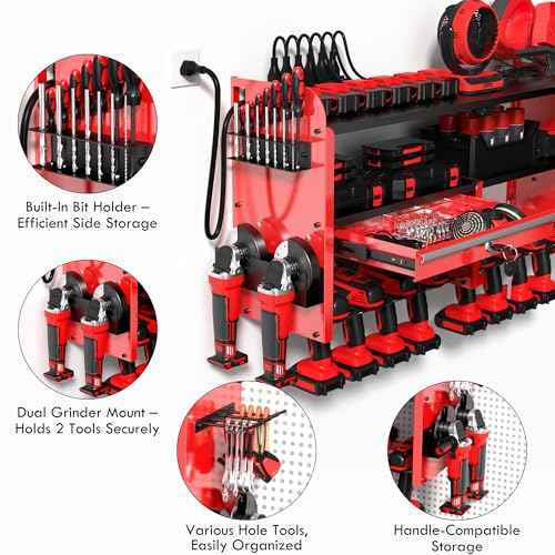 KSVO Power Tool Organizer Wall Mount with Drill Rack, Grinder Holder, Hammer & Pliers Rack, Locking Drawers, 6-Outlet Charging Shelf ? Heavy Duty Metal Tool Storage for Garage, Workshop (Red)
