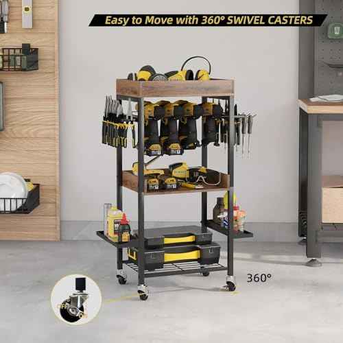 Power Tool Organizer Cart Metal Floor Standing Rolling Drill Rolling Tool Cart Box Organizer - 4 Layer Garage Storage Shelving with Wheels, for Workbench and Garage Gift for Men, Father.