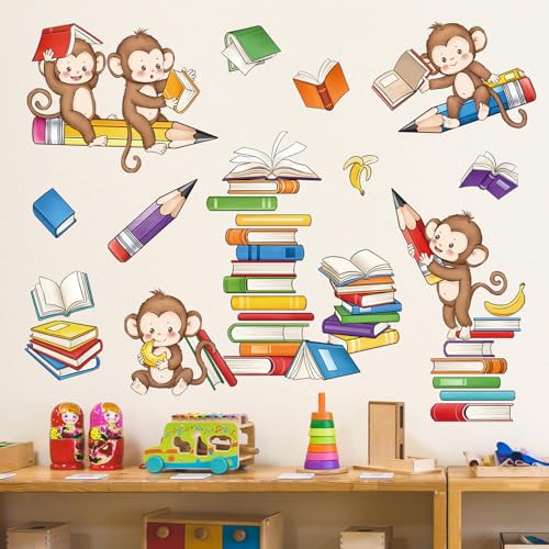 decalmile Monkey Reading Books Wall Decals Animal Educational Wall Stickers Baby Nursery Kids Bedroom Playroom Classroom Wall Decor