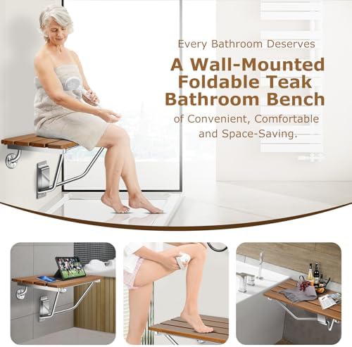 Folding Shower Seat Wall Mounted 20" with Stainless Steel Bracket, Structural Stability, 500 lb Capacity, Space-Saving, Teak Shower Bench for The Elderly, Disabled, Pregnant Individuals, Children