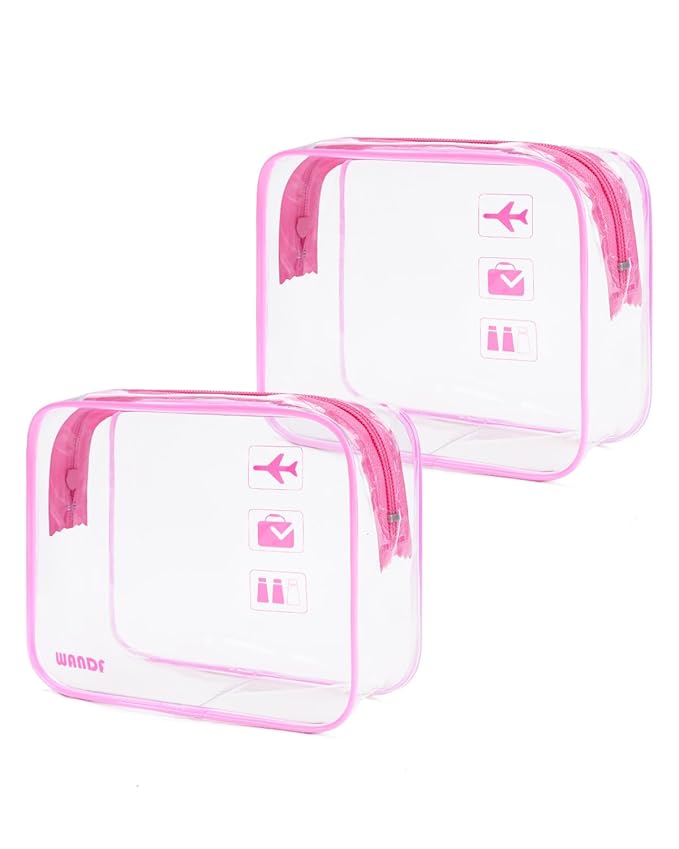 WANDF TSA Approved Toiletry Bag, 2 Packs Travel Clear Toiletry Bag, Quart Size Makeup Cosmetic Pouch with Zipper, Carry-On Airport Compliant Bag for Women and Men (2pcs Pink)