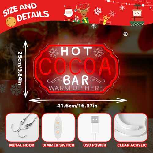 Hot Cocoa Bar Neon Sign Dimmable Christmas Coffee Led Sign Hot Chocolate Bar Warm Up Here Neon Lights Vintage Cocoa Light Up Sign for Kitchen Cafe Stations