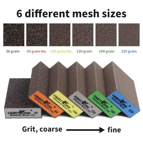 Huntking 6 Pack Sanding Sponge Sanding Block 36/60/100/120/180/220 Grit Sandpaper Assortment Hand Sander Sponges-Wet and Dry Sandpaper for Wood Drywall Metal Glasses