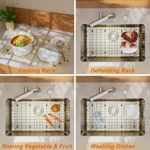 Gold Large 26" x 14" Kitchen Sink Grid,Sink Protector for Kitchen Sink,Stainless Steel Sink Rack with strainer,sink grate for Bottom of Sink,Rear Drain with Corner Radius,Stainless Steel