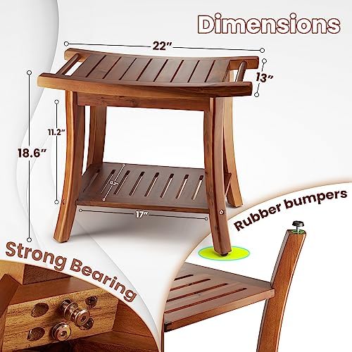 Tinamo Acacia Wooden Shower Bench Seat – Shower Stool for Inside Shower with Shelf – Bathroom Bench Chair Spa Shower Seat – Waterproof Shower Chair (22" x 13" x 18.6") (Acacia)