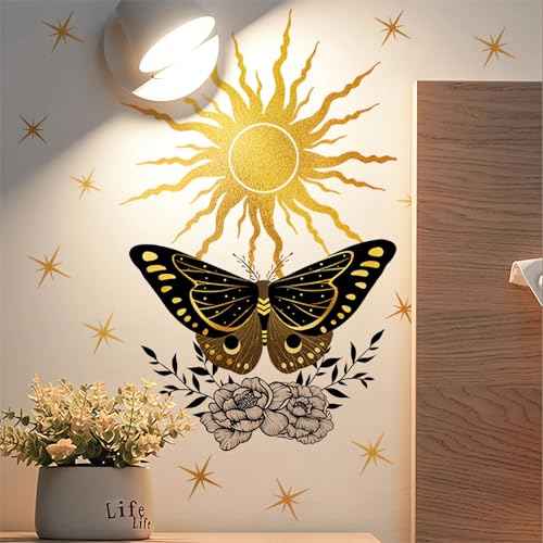 Sacred Golden Sun Stars Black Butterfly Peony Wall Stickers, sacinora Middle Ages Wall Decals Removable Vinyl Peel and Stick for Living Room Bedroom Art Home Decorations