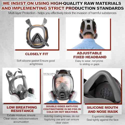 Large Half Face Respirator and Full Face Reusable Gas Mask Against Dust Organic Vapor Chemical Formaldehyde