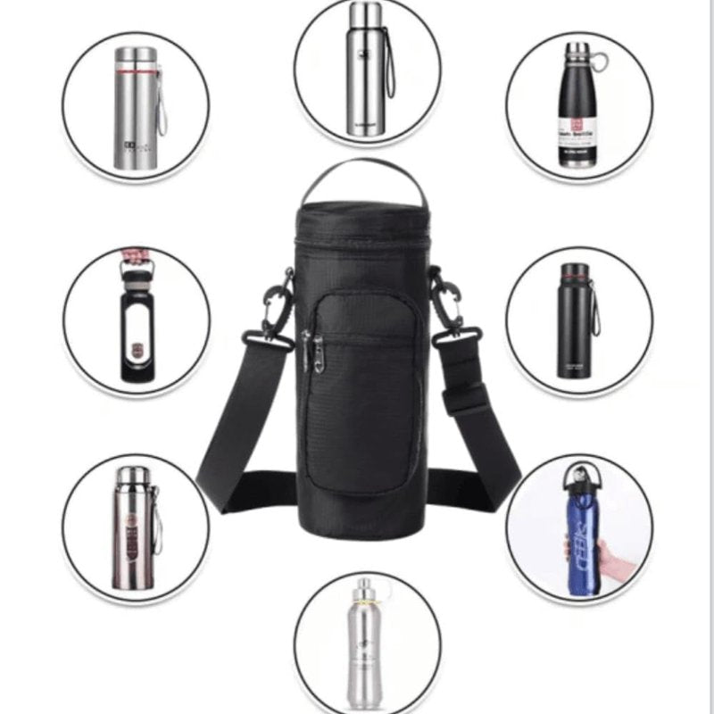 Insulated Water Bottle Carrier Bag - 50oz/67oz Thermal Bottle Pouch with Adjustable Shoulder Strap, 2 Zipper Pockets, Neoprene Sleeve for Hiking, Camping, Travel - Keeps Drinks Cold & Hot (Black)