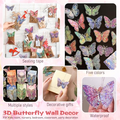 50 PCs Butterfly Wall Decor Cute Fairy Butterflies Wall Stickers 3D Butterflies for Birthday Cake Wedding Party Craft Room Decor Removable DIY Wall Decals sm- (Mixed)