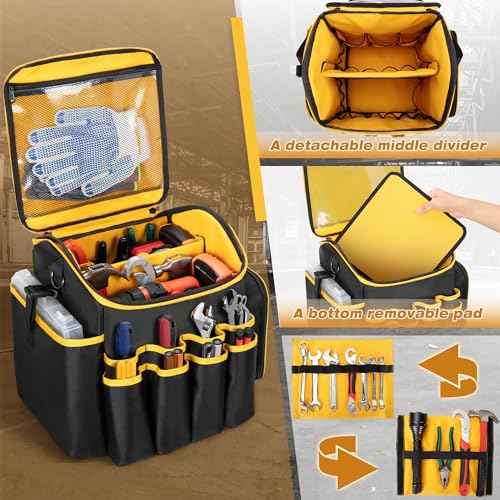Tool Bag with a Detachable Divider, Tool Tote with Multiple Pockets, Black
