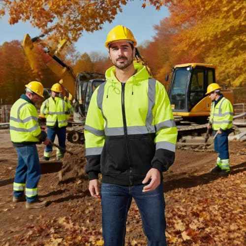 High Visibility Safety Hoodie, Reflective Workwear Sweatshirt, Neon Yellow and Black, Zip-Up
