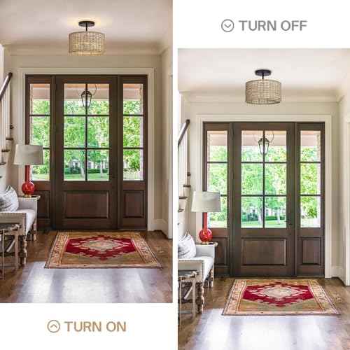 Boho Light Fixtures Ceiling Mount,12.6" Rattan Ceiling Light Fxiture,3-Light Semi Flush Mount Light Fixture,Farmhouse Wicker Ceiling Light for Hallway Bedroom Kitchen Nursery Entryway