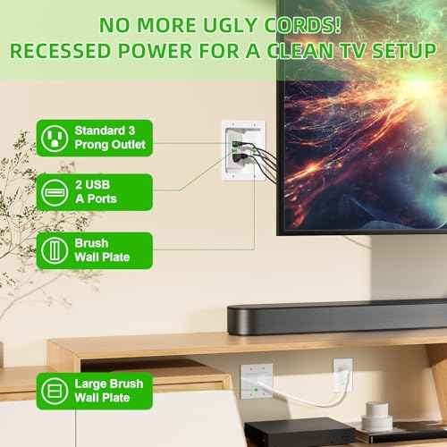 in Wall Cable Management Kit with Brush Wall Plate,AC Outlets & USB Ports,9ft Cord,Hide Cords Recessed Wall Outlet for TV Cable Management,HDMI Cables and Home Theater Systems