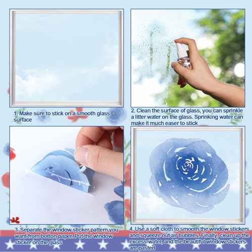 Chunnin 9 Sheets 4th of July Window Clings Summer Patriotic Floral Window Decoration Party Supplies Wild Flower Stickers Independence Day Fourth of July Red Blue Memorial Day Poppy Double Sided Decal