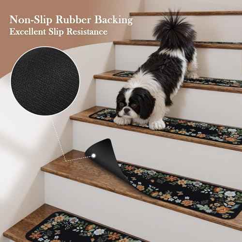 OJIA Floral Stair Treads Non-Slip Carpet Stair Treads for Wooden Steps Indoor 15PCS 30"x8" Stair Runner Stair Mats Staircase Step Treads for Kids, Elders and Dogs, Stair Covers, Black