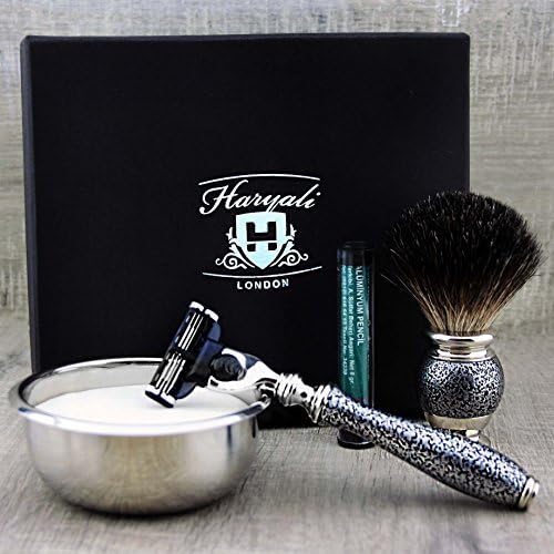 Haryali London 5 Pc Mens Grooming & Shaving Kit 3 Edge Razor with Black Badger Hair Shaving Brush, Soap, Bowl and Alum Perfect Set for Men