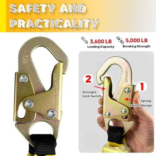 Fall Protection Safety Rope 25FT Heavy Duty Vertical Roofing Rope with Alloy Steel Grab Snap Hooks Shock Absorber Fall Protection Tree Climbing Line Kit Tree Stand Safety Line Kit