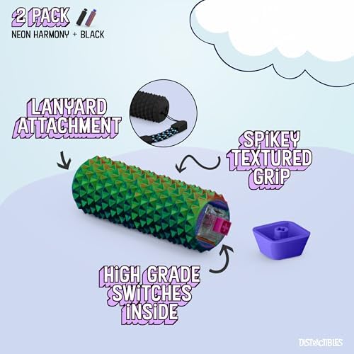 Spike Roller Clicker, Tactile Pain Stimming Fidget with Clicker Switch, Pain Stimulation Roller with Lanyard (Black + NEON Harmony)