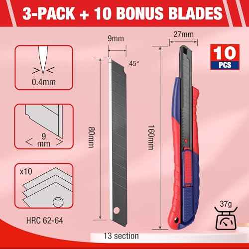 WORKPRO 2-In-1 Safety Utility Knife Retractable Snap-off blade, Metal Box Cutter Set, Razor Knife Exacto Craft Knives, with 10 Extra 9mm Blades, Pack of 3