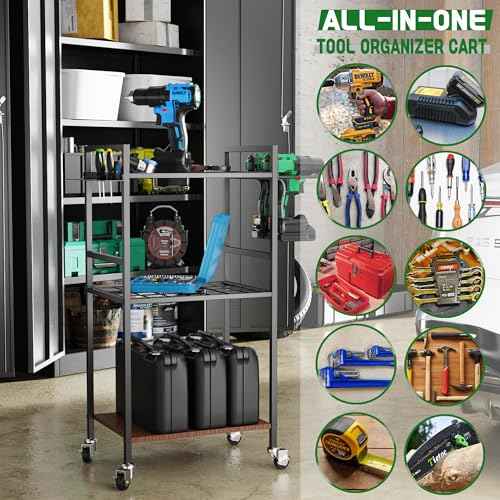 ULIBERMAGNET Power Tool Storage Organizer Cart, Metal Open Tool Rack Cart with Wheels,Heavy Duty Rolling Utility Storage Drill Rack Shelf for Garage, Shed, Yard Tool Holder, Basement,Gift Ideas
