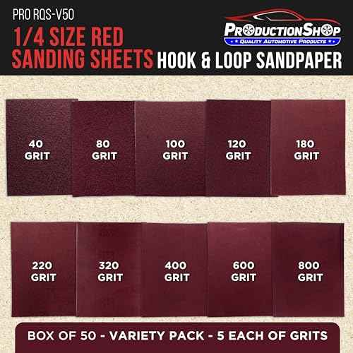 Premium 1/4 Sheet Size Red Sanding Sheets, 50 Sheet Variety Pack, Grits 40, 80, 100, 120, 180, 220, 320, 400, 600, 800 - Hook & Loop Backing Sandpaper - Palm Sanders, Sanding Blocks