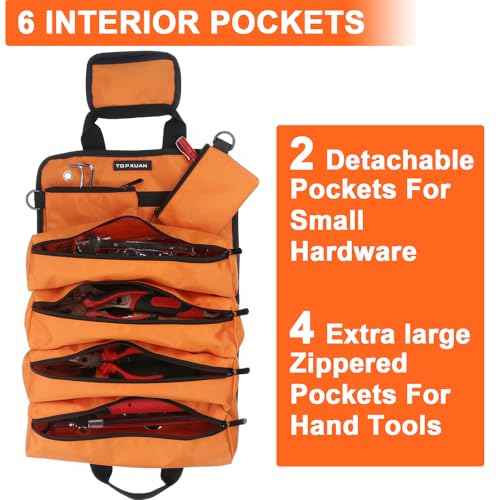 Tool Bag Roll Up 4 Large Zipper pockets 2 detachable pockets for Hand Tools and Small Hardware Organizer Orange Roll Up Tool Bag for Car 13 in