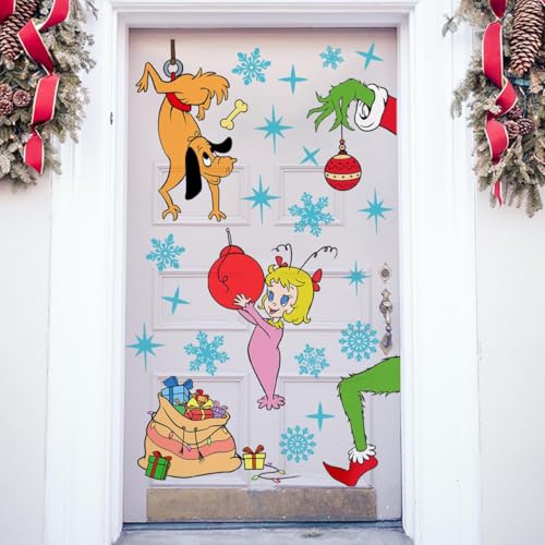 38.97 x 29.92 Inch Cute Christmas Girl Dog Snowflakes Decor Large Xmas Mural Decals for Winter Home Refrigerator Garage Door Wall Window Decoration