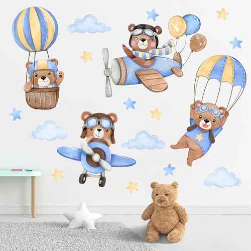 Yovkky Airplane Hot Balloon Bear Wall Decals Stickers, Blue Flying Animal Aircraft Neutral Toddlers Nursery Decor, Cloud Stars Home Decorations Kids Baby Bedroom Playroom Classroom Art