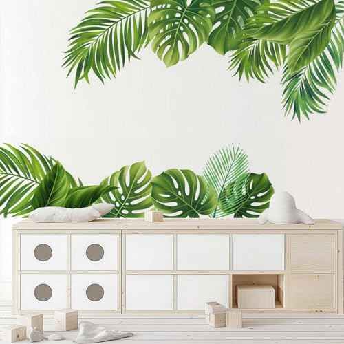 Green Leaf Wall Sticker, Flower, Bird, Jungle, Green Plant Sticker, Peel and Paste Tropical Rainforest Turtle Back Leaf Wall Sticker, Bedroom Porch, Living Room, Bedroom Home Decoration Wall