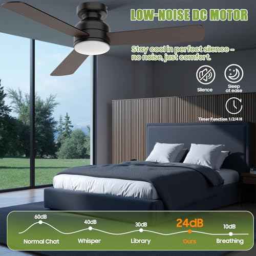 Ceiling Fans with Lights, 42" Modern Low Profile Ceiling Fan with Light and Remote Control, 3CCT, 6 Speeds Reversible DC Motor, Noiseless, Black LED Ceiling Fan for Bedroom, Living, Indoor/Outdoor Use