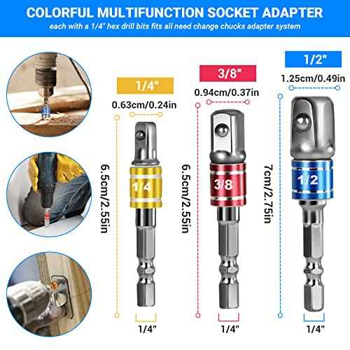 Flexible Drill Bit Extension Set 19pcs, Hex Shank 105¡ÆRight Angle Drill Attachmen, 3pcs 1/4 3/8 1/2" Universal Socket Adapter Set, 3pcs Drill Bit Holder Extension and Screwdriver Bit Kit