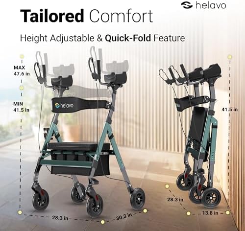 Helavo Extra Wide 28.3" Bariatric Upright Walker for Seniors, 500 lbs Capacity with 8“ Flat-Free Solid Rubber Tires, Height Adjustable Stand Up Walker with Seat, All Terrain Heavy Duty Rollator