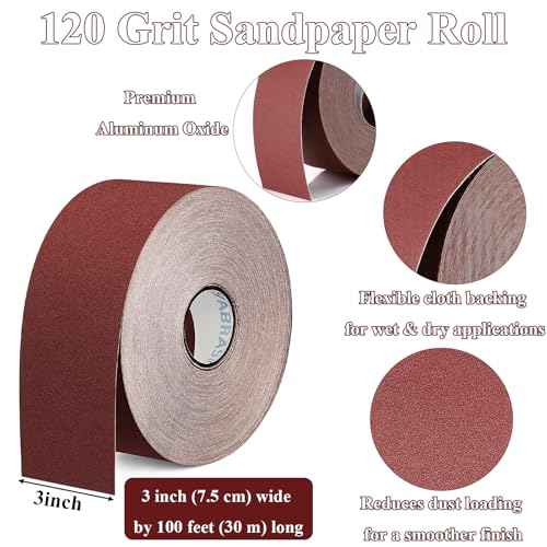 120 Grit Sandpaper Roll 3'' x 100 ft Emery Cloth, Aluminum Oxide Sanding Paper for Drum Sander, Wet Dry Adhesive Sandpaper for Wood, Metal, Furniture, Automotive, Copper Pipe