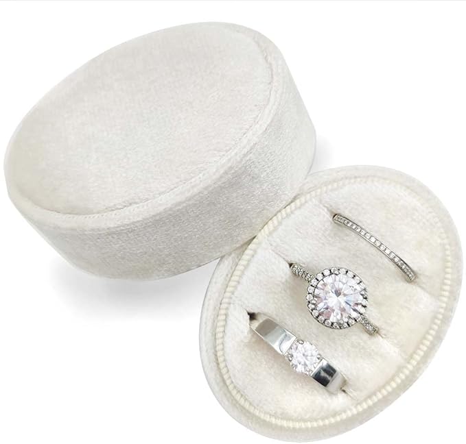 Velvet Oval Ring Box 3 Slots - Premium Wedding Three Rings Holder Box Vintage Handmade Storage Jewelry Organizer for Proposal, Engagement, Wedding Ceremony, Christmas (Ivory)