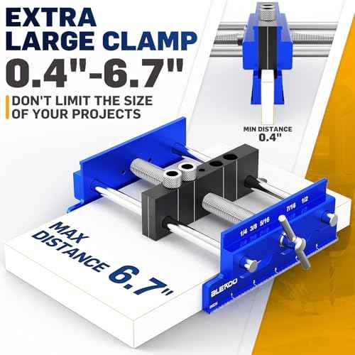 Upgraded 6.7 inch Self Centering Doweling Jig Kit (Blue), Drill Jig For Straight Holes Biscuit Joiner Set With 6 Drill Guide Bushings, Adjustable Width Drilling Guide Power Tool Accessory Jigs