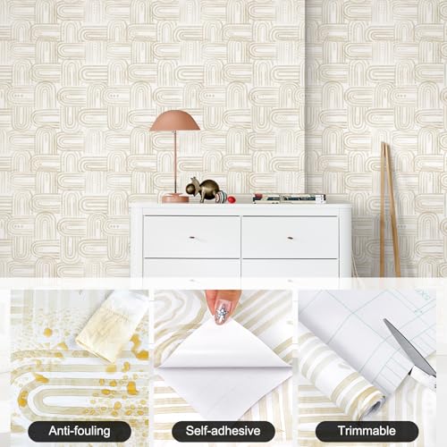 Boho Peel and Stick Wallpaper Light Beige and White Contact Paper Geometric Wall Paper 17.3" x 120" Self Adhesive Vinyl Removable Wallpaper for Cabinets Bedroom