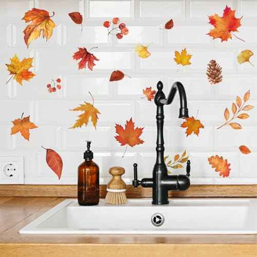 Fall Wall Stickers Maple Leaves Wall Decals Small Room Mural Stickers for Autumn Thanksgiving Home School Office Party Decor, 7.9 x 11.8 Inch, 9 Sheets
