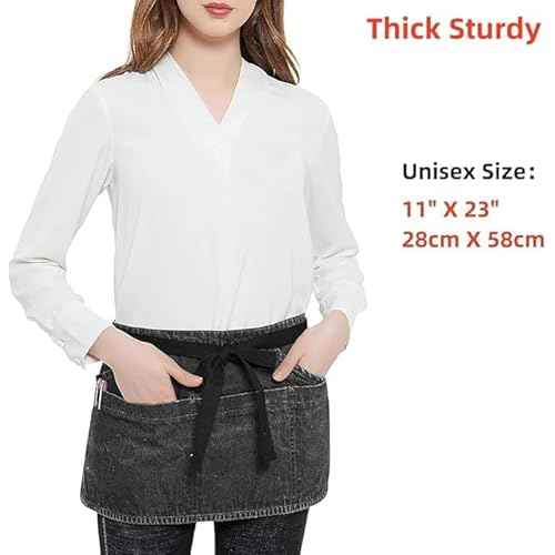 100% Cotton Denim Unisex Waist Apron, 7 Pockets with Zipper Pocket & Pen Pocket, 11" X 23" (Black)