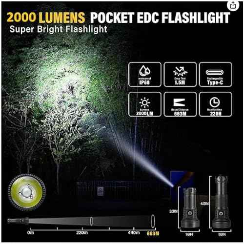 High Lumens Flashlight, 2000 Lumens Ultra-Bright, Compact & Powerful LED Spotlight, USB-C Rechargeable, IP68 Waterproof, 663m Beam Distance