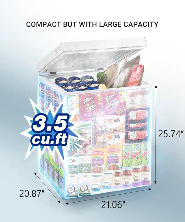 Mini Chest Freezer 3.5 Cu.Ft, Small Top Door Deep Freezer with 7 Adjustable Temperature, Removable Basket, Low Noise for Home, Apartment, Open Garage, Kitchen White