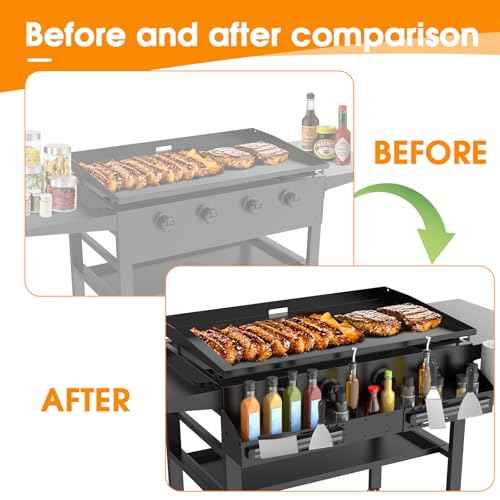 Universal Front Griddle Caddy for Blackstone 28" & 36" Griddles, Front Tool/Bottle Shelf with 2PCS Magnetic Tool Holder & Paper Towel Holder for Blackstone Griddle, Space Saving Storage Caddy