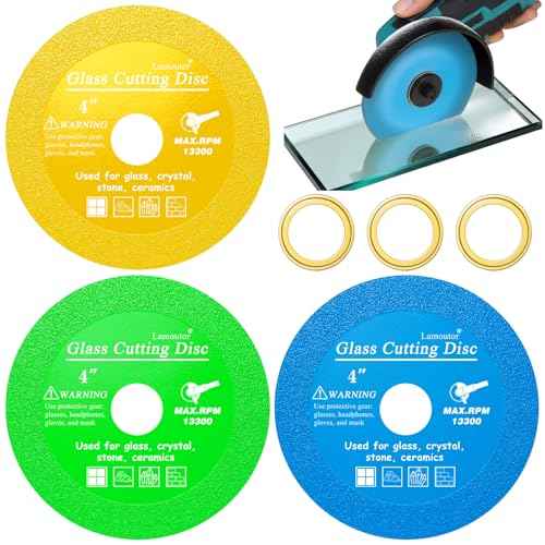 Lamoutor 3Pcs 4 Inch Glass Cutting Disc for Angle Grinder, Diamond Saw Blade, Tile Cutter Blade for Cutting Marble Glass Tile Jade Crystal£¨Green/Blue/Yellow£©