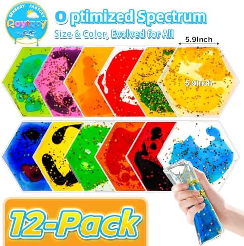 Squishy Liquid Sensory Gel Tiles 12 Packs - Hexagon Liquid Sensory Pads for Stress Relief & Fidget Fun, Washable Sensory Floor Tiles for Toddles 3+ Home, Classroom, Travel