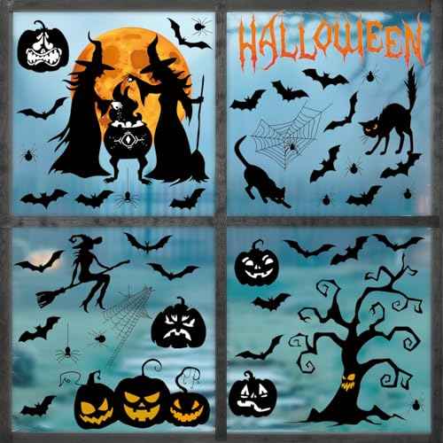 Halloween Window Clings,Halloween Witch Window Stickers,Pumpkin Ghost Wall Stickers,Pumpkin Bat Wall Decals,Spider Black Cat Decals,Tree Full Moon Decor for Party Home Room Office Kitchen