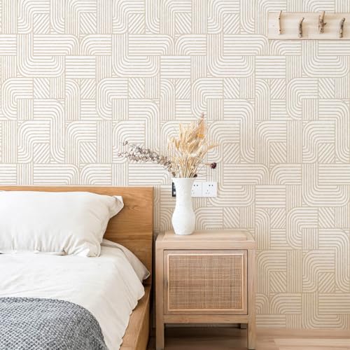 Modern Peel and Stick Wallpaper Boho Contact Paper for Cabinets Drawers Beige and White Striped Geometric Self Adhesive Wallpaper for Bedroom Bathroom Wall Decor Neutral Vinyl 17.3inW 78.7inL