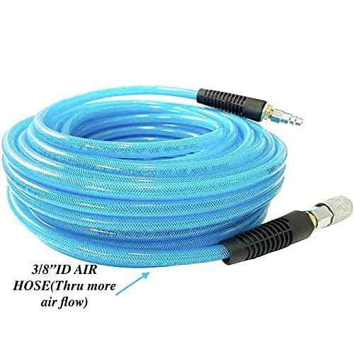 SANFU Polyurethane(PU) Reinforced 3/8¡±ID x 50ft Air Hose, Non-kinking with 3/8¡± Repaired Industrial Quick Coupler and Plug, Bend Restrictor, Transparent Blue(50¡¯)