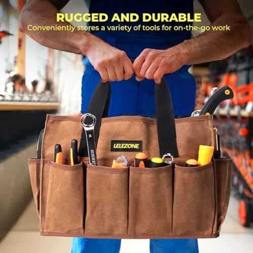 Tool Bag 16 oz. Waxed Canvas Tool Bag Large Capacity Tool Storage Tote comes with a Main Compartment and 12 Exterior Pockets for Wrenches, Scissors, Hammers or a set of Garden Tools and More - Khaki