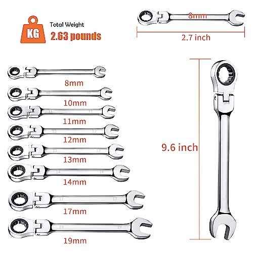 8 Piece Flex-Head Ratcheting Combination Wrench Set, 8-19mm Metric Chrome Vanadium Steel Spanner, Gear Ring Ratchet Wrenches with Rolling Pouch
