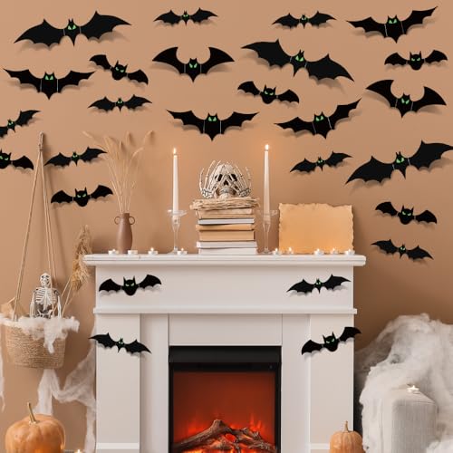 Halloween Bats Decorations Indoor - 110 Pcs With Glow in The Dark Eyes, 3D Wall Decor, 5 Styles, 136 Pcs Double-Sided Tape Included
